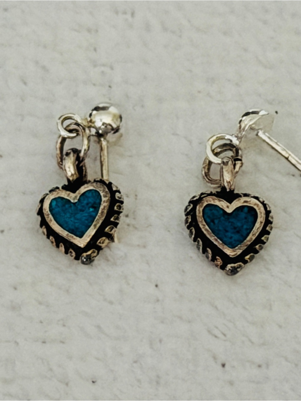 Vtg Bell Trading Post Sterling Silver Turquoise Heart Dangle Earrings Signed